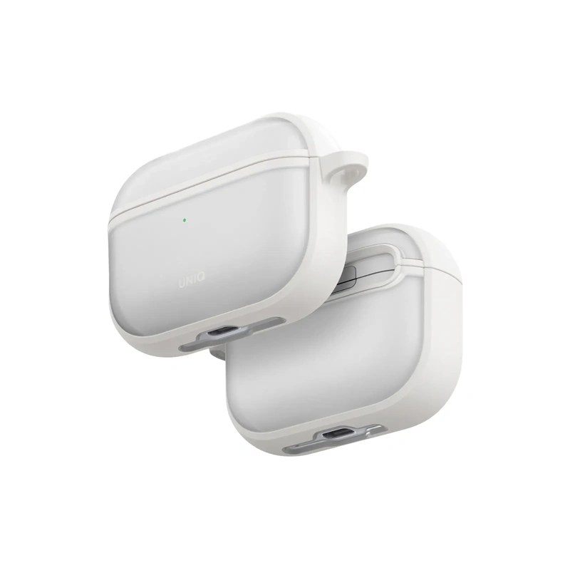 دو نمای سه‌رخ قاب UNIQ Veren Chalk Frost برای AirPods Pro 3 با نمایش بخش جلو، پشت و قسمت پایینی قاب
