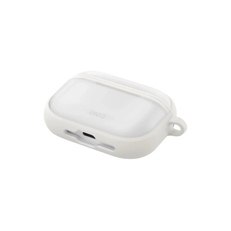 نمای سه‌رخ قاب UNIQ Veren Chalk Frost برای AirPods Pro 3 با حلقه اتصال و بخش پایینی قاب