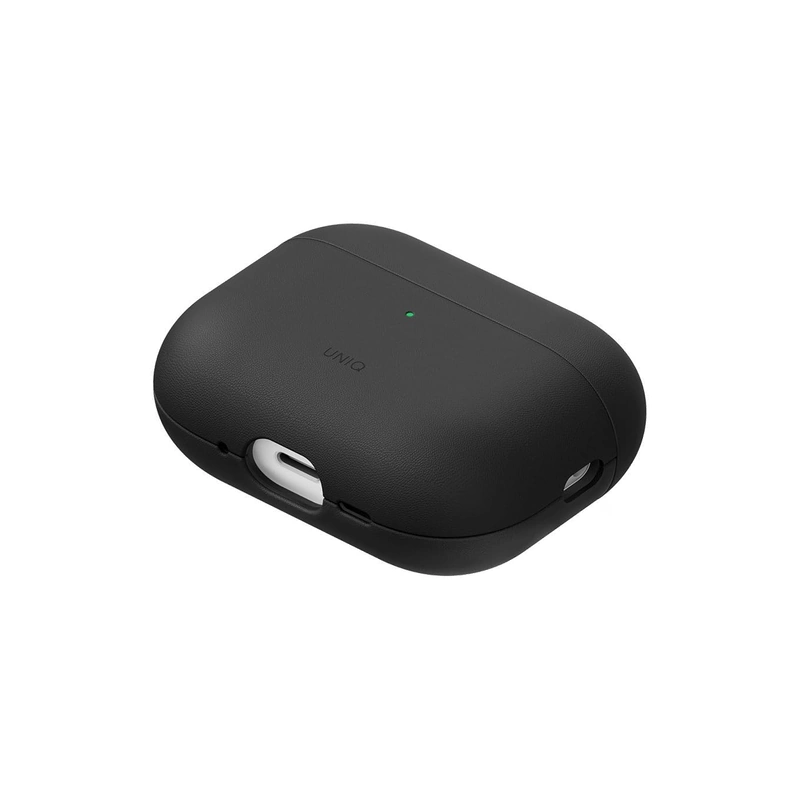نمای سه‌رخ قاب UNIQ Lyden Vex Dallas Black برای AirPods Pro 3 با بافت مشکی، لوگوی UNIQ و چراغ وضعیت