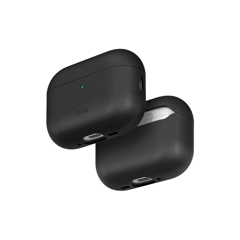 دو نمای سه‌رخ قاب UNIQ Lyden Vex Dallas Black برای AirPods Pro 3 با نمایش جلو، پشت و قسمت زیر قاب