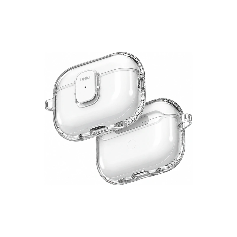 دو نمای سه‌رخ قاب شفاف UNIQ Glase Glossy Clear برای AirPods Pro 3 با نمایش بخش جلو، پشت و جزئیات لبه‌های قاب