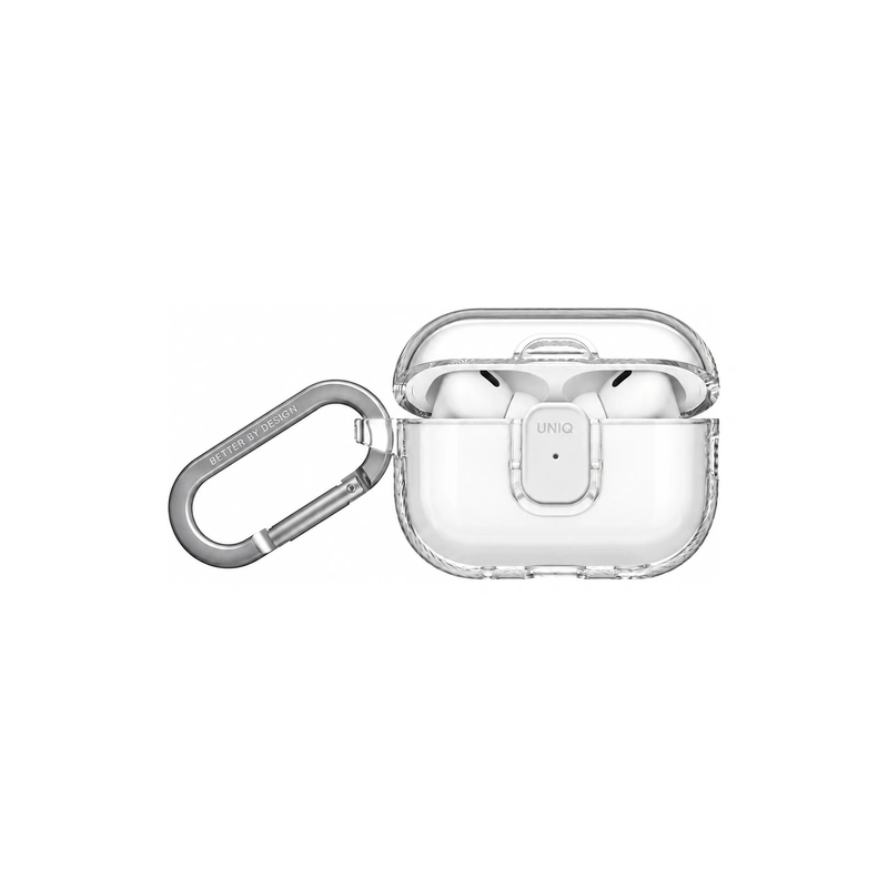 نمای جلوی قاب شفاف UNIQ Glase Glossy Clear برای AirPods Pro 3 در حالت باز همراه با کارابین فلزی