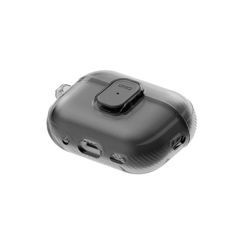 نمای سه‌رخ از زیر قاب UNIQ Glase Glossy Smoke برای AirPods Pro 3 با نمایش بخش پایینی و محل پورت‌ها