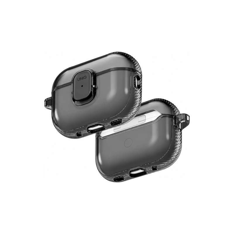 دو نمای سه‌رخ قاب UNIQ Glase Glossy Smoke برای AirPods Pro 3 با نمایش جلو، پشت و جزئیات قسمت زیر قاب