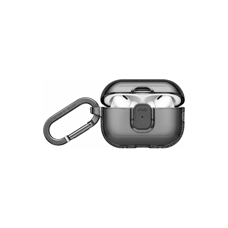 نمای جلوی قاب UNIQ Glase Glossy Smoke برای AirPods Pro 3 در حالت باز همراه با کارابین فلزی