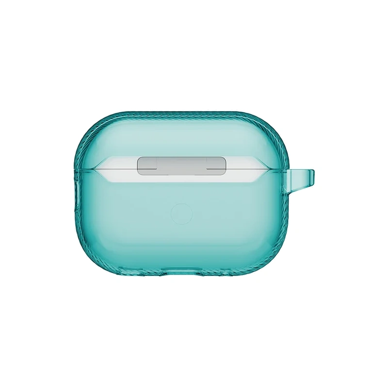 نمای پشت قاب UNIQ Glase Pro Teal برای AirPods Pro 3 با نمایش لولا و حلقه اتصال جانبی