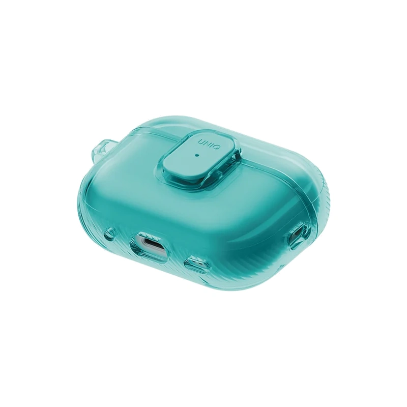 نمای سه‌رخ از زیر قاب UNIQ Glase Pro Teal برای AirPods Pro 3 با نمایش بخش پایینی و محل پورت‌ها