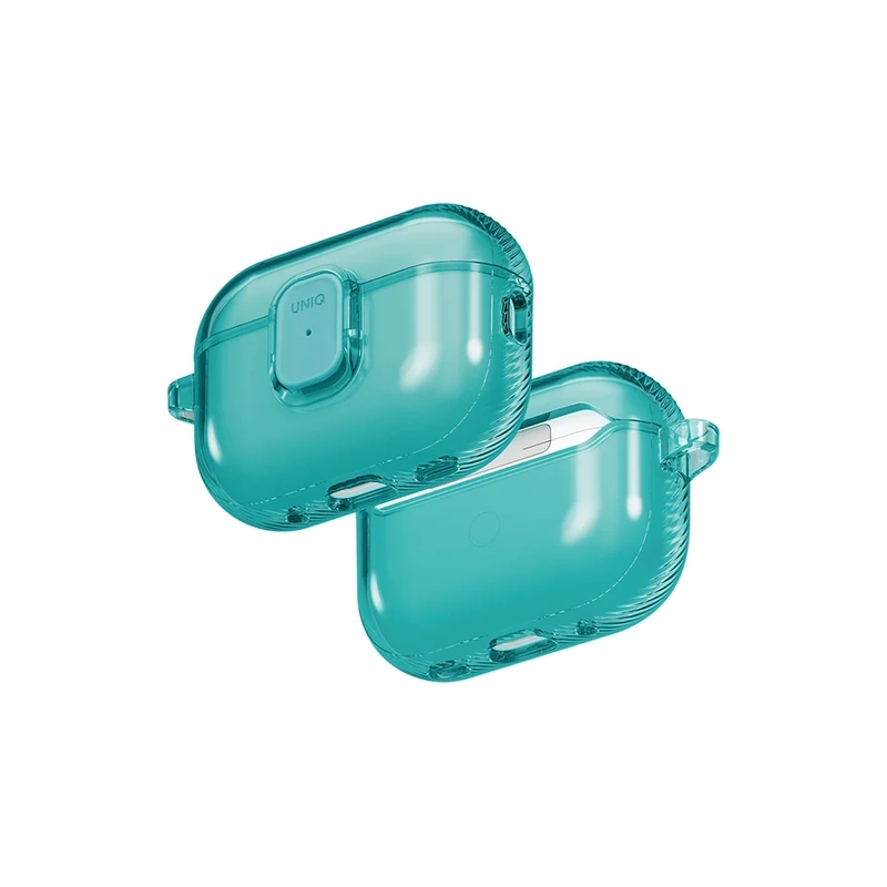 دو نمای سه‌رخ قاب UNIQ Glase Pro Teal برای AirPods Pro 3 با نمایش جلو، پشت و جزئیات لبه‌ها