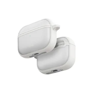دو نمای سه‌رخ قاب UNIQ Veren Chalk Frost برای AirPods Pro 3 با نمایش بخش جلو، پشت و قسمت پایینی قاب