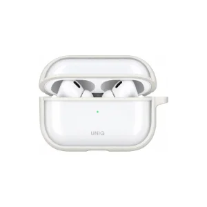 نمای جلوی قاب UNIQ Veren Chalk Frost برای AirPods Pro 3 با درِ باز، ایرپاد داخل قاب و چراغ وضعیت سبز