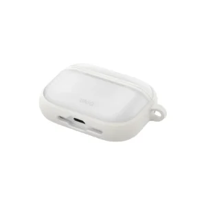 نمای سه‌رخ قاب UNIQ Veren Chalk Frost برای AirPods Pro 3 با حلقه اتصال و بخش پایینی قاب