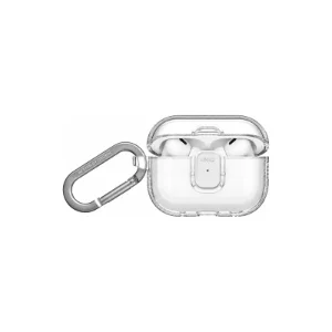 نمای جلوی قاب شفاف UNIQ Glase Glossy Clear برای AirPods Pro 3 در حالت باز همراه با کارابین فلزی