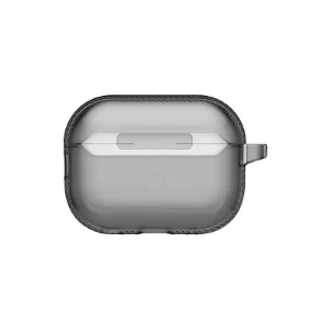 نمای پشت قاب UNIQ Glase Glossy Smoke برای AirPods Pro 3 با نمایش لولا و حلقه اتصال جانبی
