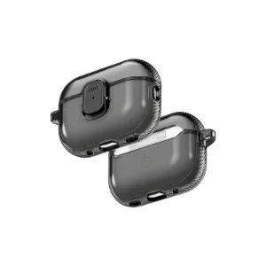 دو نمای سه‌رخ قاب UNIQ Glase Glossy Smoke برای AirPods Pro 3 با نمایش جلو، پشت و جزئیات قسمت زیر قاب