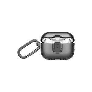 نمای جلوی قاب UNIQ Glase Glossy Smoke برای AirPods Pro 3 در حالت باز همراه با کارابین فلزی