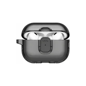 نمای جلوی قاب UNIQ Glase Glossy Smoke برای AirPods Pro 3 در حالت باز با ایرپادها داخل کیس