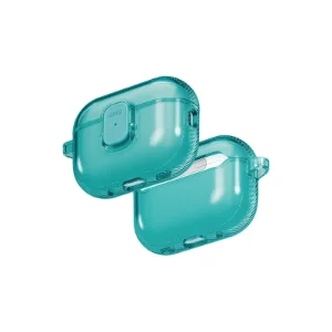 دو نمای سه‌رخ قاب UNIQ Glase Pro Teal برای AirPods Pro 3 با نمایش جلو، پشت و جزئیات لبه‌ها