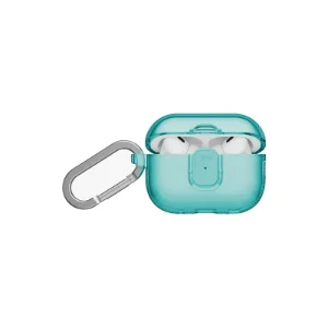 نمای جلوی قاب UNIQ Glase Pro Teal برای AirPods Pro 3 در حالت باز همراه با کارابین فلزی