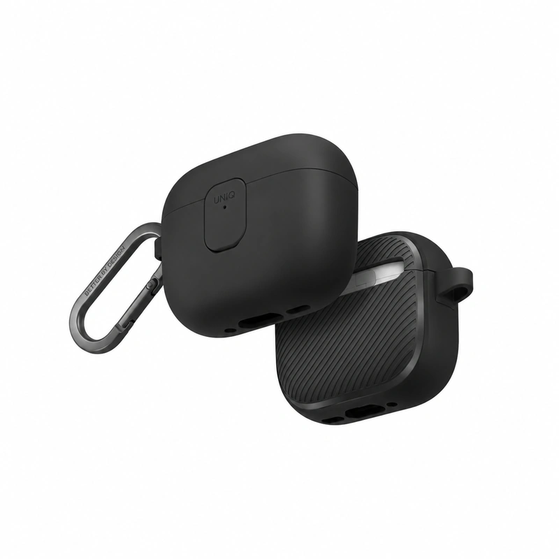 نمای زاویه‌دار دوگانه قاب UNIQ Clyde Black/Dark Grey برای AirPods Pro 3 همراه کارابین