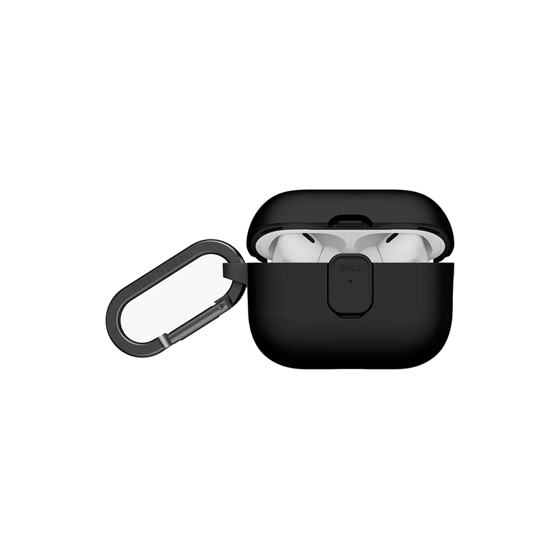 نمای جلوی قاب UNIQ Clyde Black/Dark Grey برای AirPods Pro 3 با درِ باز و کارابین فلزی