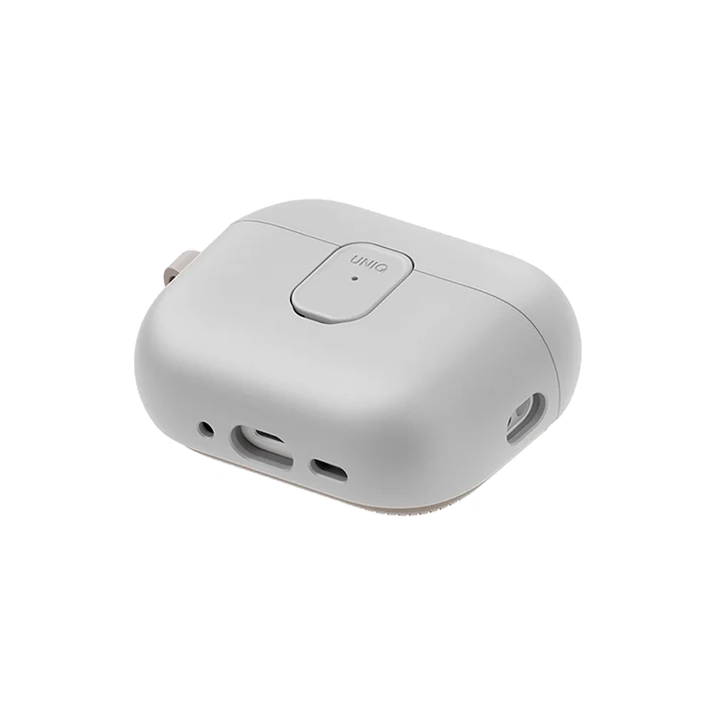 نمای زاویه‌دار قاب UNIQ Clyde Mist Grey/Khaki برای AirPods Pro 3 با در بسته