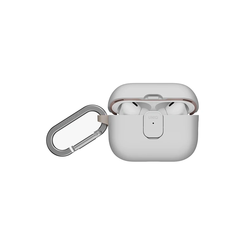 نمای جلوی قاب UNIQ Clyde Mist Grey/Khaki برای AirPods Pro 3 همراه کارابین فلزی