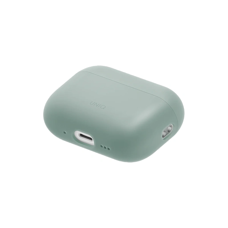 نمای زاویه‌دار قاب UNIQ Lino Green برای AirPods Pro 2 با نمایش درگاه‌ها