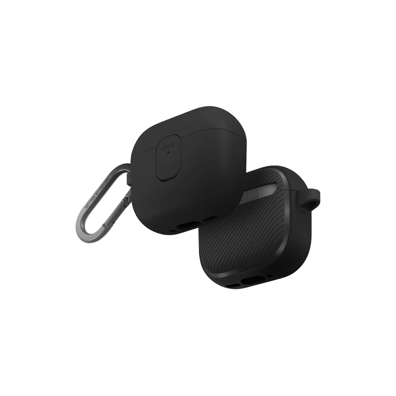 قاب UNIQ Clyde Charcoal/Dark Grey برای AirPods Pro 2، نمای زاویه‌دار از بخش جلو و پشت قاب همراه کارابین