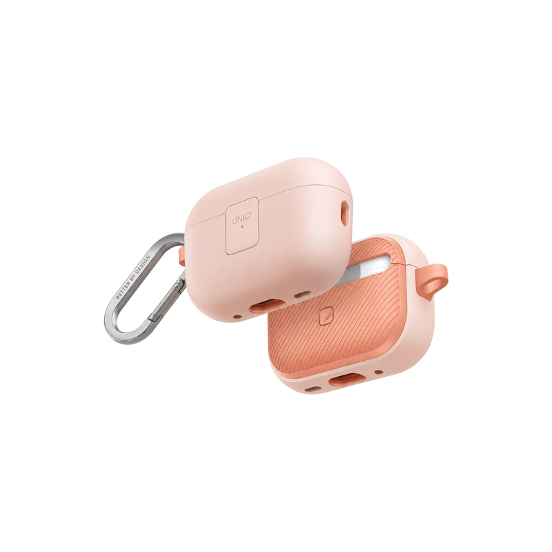 قاب UNIQ Clyde Pink برای AirPods Pro 2، نمای زاویه‌دار از بخش‌های قاب همراه کارابین