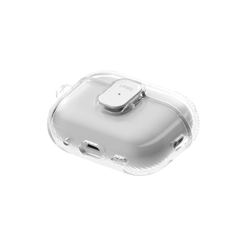 نمای زاویه‌دار زیر قاب شفاف UNIQ Glase برای AirPods 3 با جزئیات بخش پایینی قاب