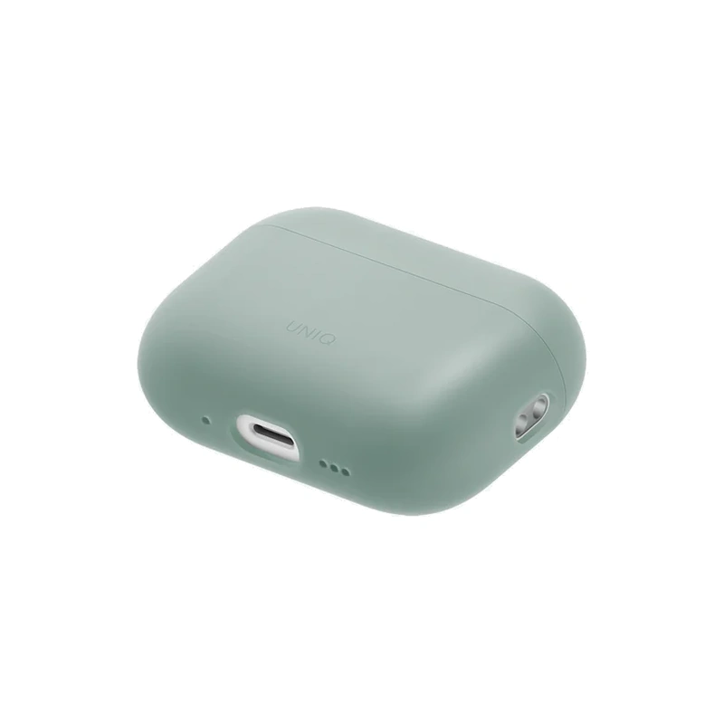 نمای زاویه‌دار از پایین قاب UNIQ Lino Mint Green برای AirPods 3 با جزئیات درگاه و بخش کناری
