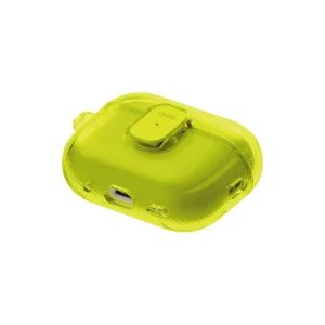 نمای سه‌رخ از زیر قاب UNIQ Glase Pro Light Lime برای AirPods Pro 3 با نمایش بخش پایینی و محل پورت‌ها