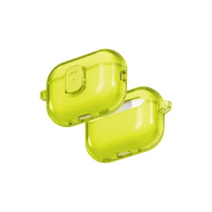 نمای زاویه‌دار دو قاب UNIQ Glase Pro Light Lime برای AirPods Pro 3 با نمایش بخش جلو و پشت قاب