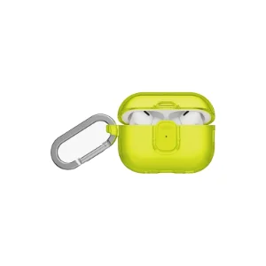 نمای جلوی قاب UNIQ Glase Pro Light Lime برای AirPods Pro 3 با درِ باز و کارابین فلزی