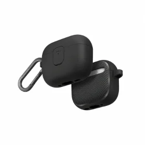 نمای زاویه‌دار دوگانه قاب UNIQ Clyde Black/Dark Grey برای AirPods Pro 3 همراه کارابین