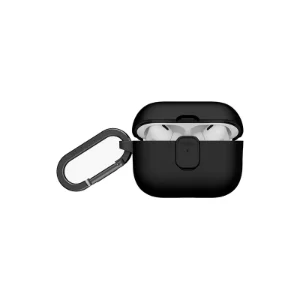 نمای جلوی قاب UNIQ Clyde Black/Dark Grey برای AirPods Pro 3 با درِ باز و کارابین فلزی