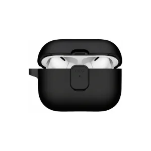 نمای جلوی قاب UNIQ Clyde Black/Dark Grey برای AirPods Pro 3 با درِ باز و ایرپاد داخل قاب