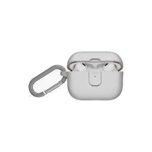 نمای جلوی قاب UNIQ Clyde Mist Grey/Khaki برای AirPods Pro 3 همراه کارابین فلزی