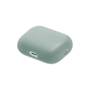 نمای زاویه‌دار از پایین قاب UNIQ Lino Mint Green برای AirPods 3 با جزئیات درگاه و بخش کناری