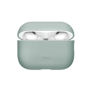 نمای جلوی قاب UNIQ Lino Mint Green برای AirPods 3 با درِ باز و ایرپادها داخل قاب