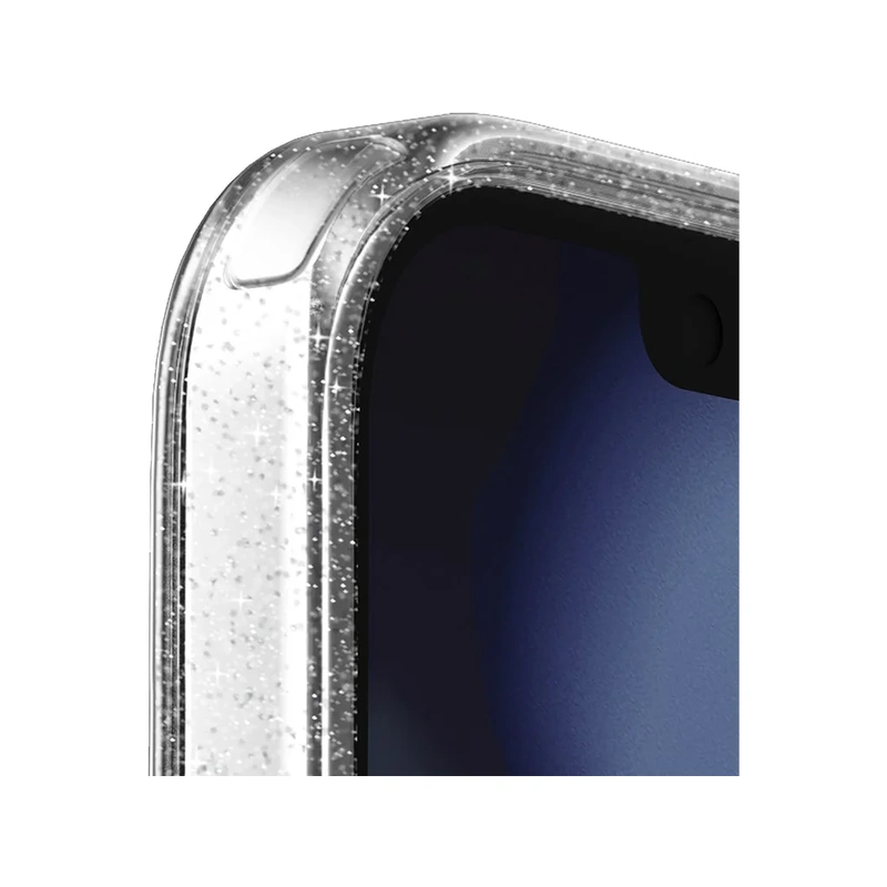 نمای نزدیک جزئیات قاب شفاف اکلیلی UNIQ LifePro Xtreme Clear Glitter برای iPhone 14 Pro