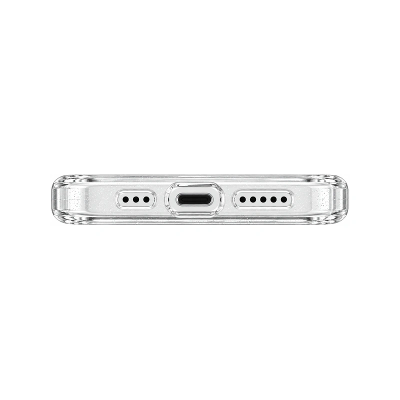 نمای زیر قاب شفاف اکلیلی UNIQ LifePro Xtreme Clear Glitter برای iPhone 14 Pro و برش درگاه شارژ