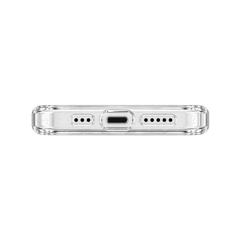 نمای زیر قاب UNIQ LifePro Xtreme Clear Glitter برای iPhone 14 Pro Max با برش درگاه شارژ و اسپیکر