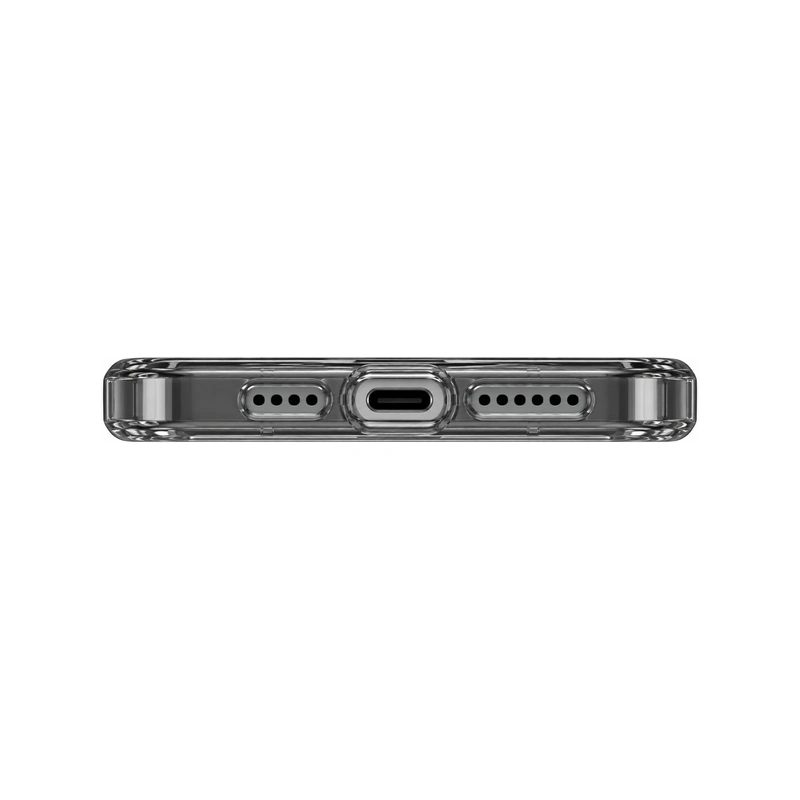 نمای زیر قاب UNIQ Clario Smoke برای iPhone 16 Pro Max با برش درگاه USB-C و اسپیکرها