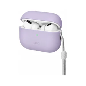 نمای زاویه‌دار قاب UNIQ Lino Lavender برای AirPods 3 با در باز و بند متصل