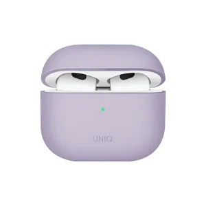 نمای جلوی قاب UNIQ Lino Lavender برای AirPods 3 با در باز و ایرپاد داخل قاب