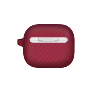 نمای پشت قاب UNIQ Vencer Maroon برای AirPods 3 با محل لولا و بافت مورب بدنه