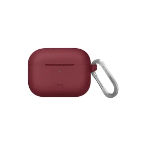 نمای جلوی قاب UNIQ Vencer Maroon برای AirPods 3 همراه کارابین و بند نگهدارنده