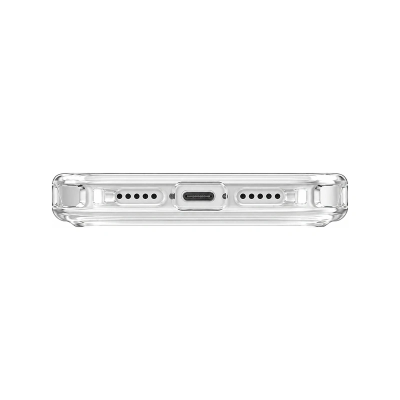 نمای زیر قاب UNIQ Combat Blanc White برای iPhone 17 Pro Max با برش درگاه USB-C و محل اسپیکرها