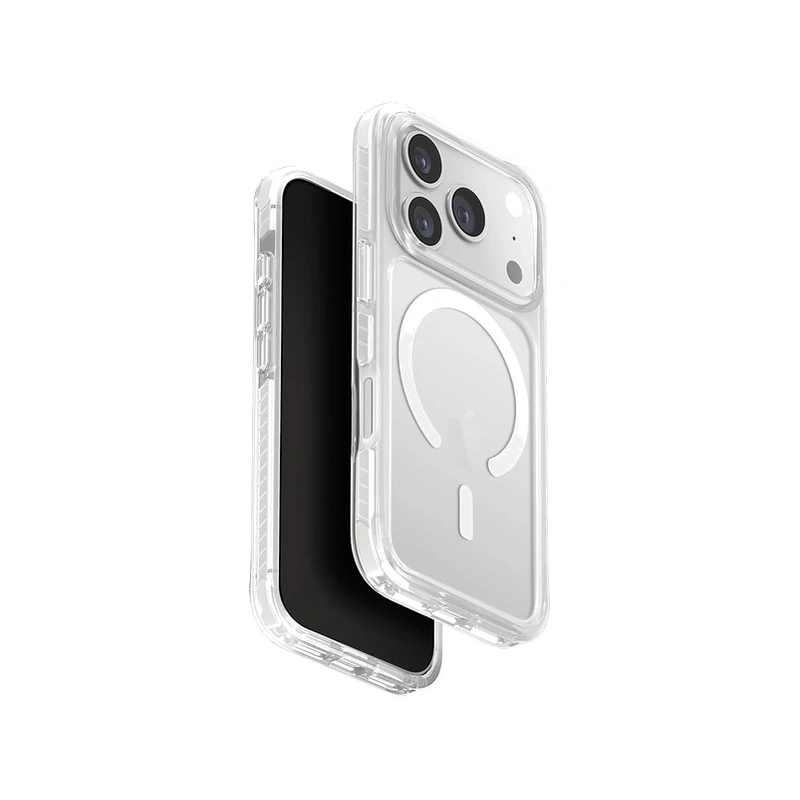 نمای زاویه‌دار جلو و پشت قاب UNIQ Combat Blanc White برای iPhone 17 Pro Max با طراحی شفاف و حلقه MagSafe